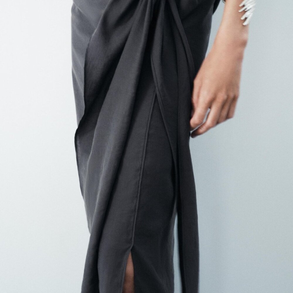 Zara Black Maxi Wrap Skirt with Tie Front
